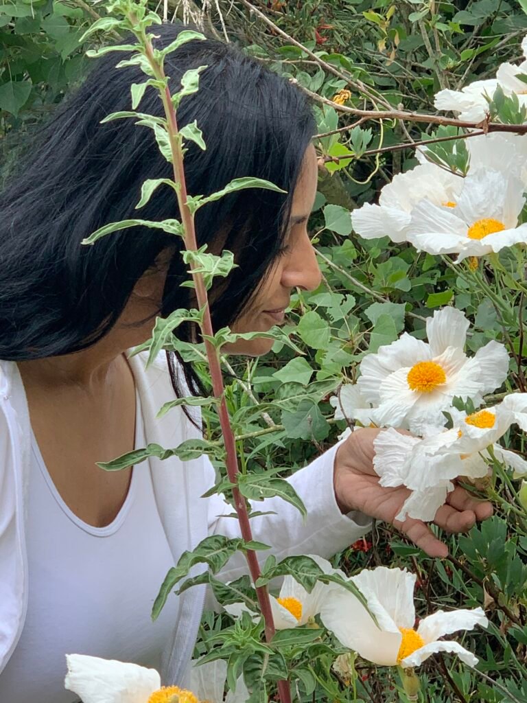 Anita Patel among white matilija poppies, eyes closed, breathing in the scent